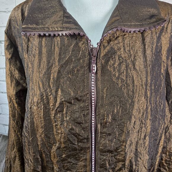 WOMENS BRONZE WINDBREAKER BY CACTUS, CRINKLED27, RHINESTONE ZIPPER SIZE MED EUC - Picture 2 of 7